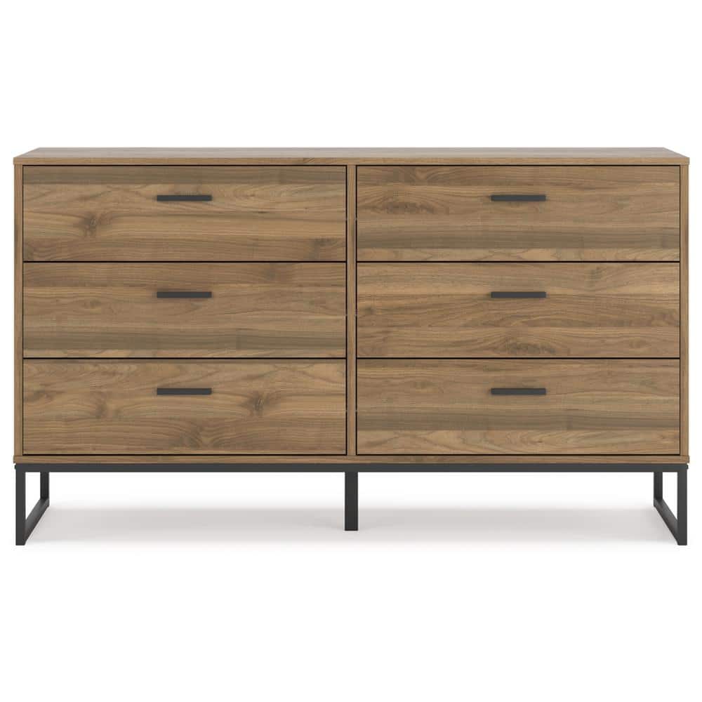 Honey Brown Mid-Century Modern 6-Drawer Dresser with Metal Legs