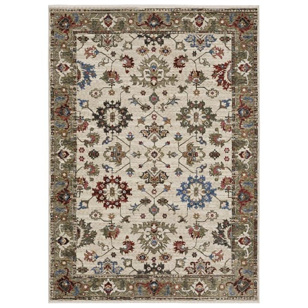 Hunter Ivory/Green 10 ft. x 13 ft. Bordered Oriental Polyester Fringe-Edge Indoor Area Rug
