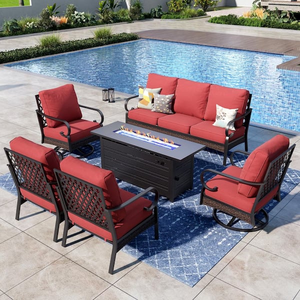 PHI VILLA 6-Piece Black Metal 7-Seats Fire Pit Patio Sets with Swivel Chairs, 50000 BTU Fire Pit Table and Red Cushions