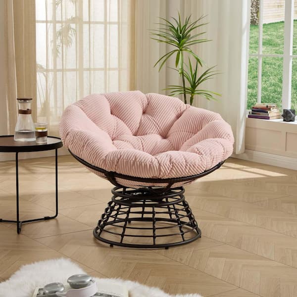 Ergonomic Wicker Papasan Chair Outdoor Rattan Chair 360° Swivel Chair Lounge Chair with Pink Cushion