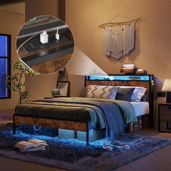 Rustic Brown Metal Frame Full Size Platform Bed with Charge Station and Storage Headboard & LED Lights