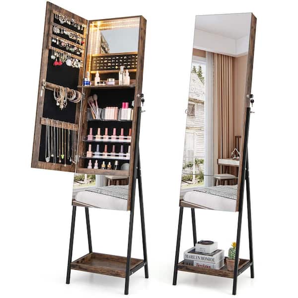 Costway Rectangular Brown MDF Jewelry Cabinet Armoire Full-Length Mirror with 3-Color LED Lights