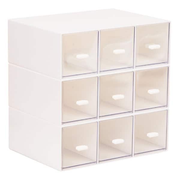 Modular Craft Organizer, 9-Clear Drawer Desktop Storage, Stackable Interlocking Units, Plastic, Set of 3, White