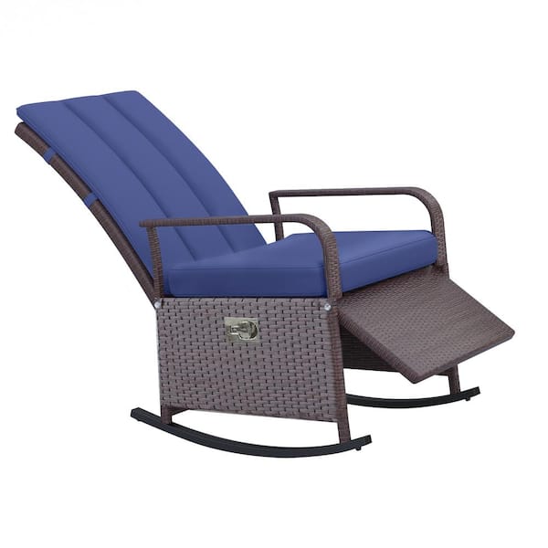 Unbranded Wicker Outdoor Rocking Chair, Recliner with Adjustment Backrest, Adjustable Footrest, Cushion for Garden, Backyard, Blue