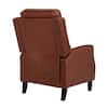 Side view of a reddish-brown leather recliner chair.
