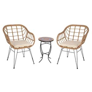 Brown 3-Piece PE Wicker Outdoor Bistro Set with Beige Cushion