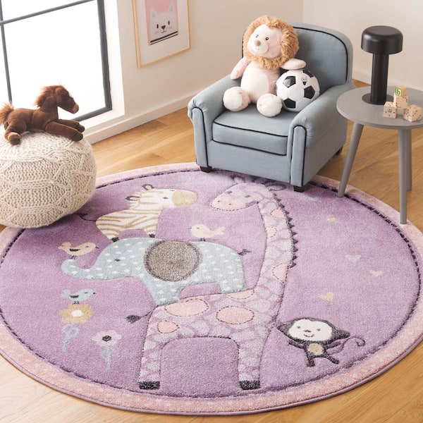 Carousel Kids 4 ft. x 4 ft. Round Purple Animal Print Area Rug