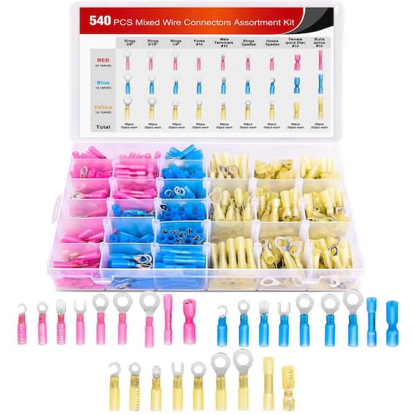 540-Pack Heat Shrink Wire Connectors Kit with Ring Fork Hook Spade Butt Splices for Automotive Marine Electrical