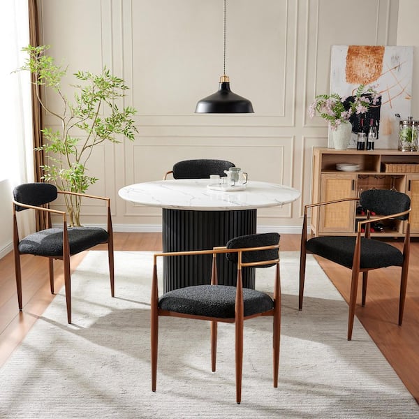 Morden Fort Glam 5-Piece Wood Round Dining Table with Black Boucle Chairs Wood Grain Legs Dining Room Set for Kitchen