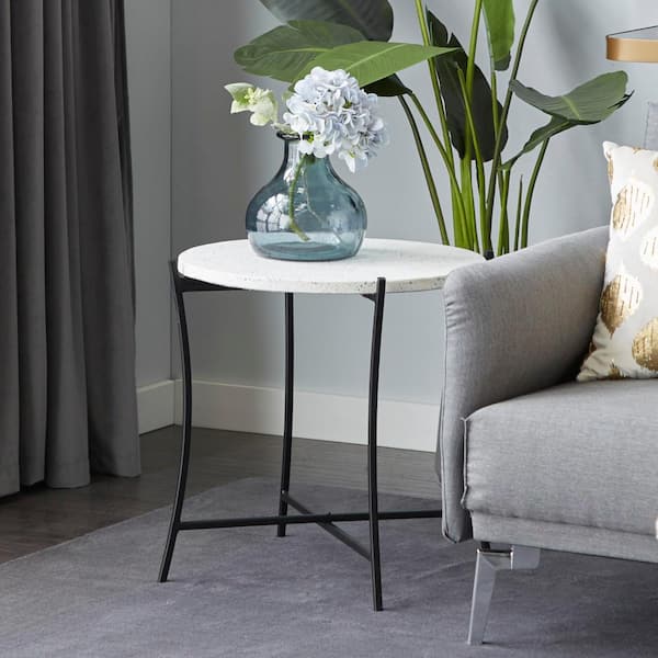 Litton Lane 20 in. Black Large Round Terrazzo End Accent Table with Marble Top