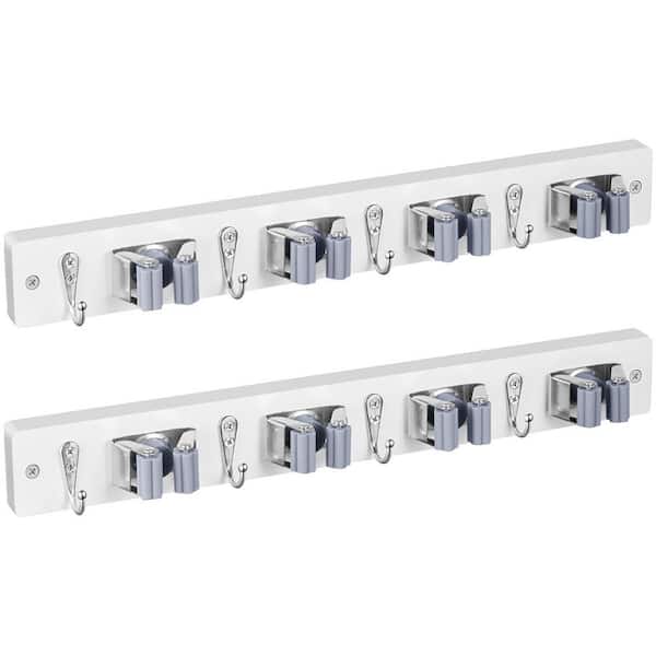 NVNOO 4 Slots and 4 Hooks Mop Broom Holder Wall Mount for Closet Garage Laundry Room, White (2-Pack)