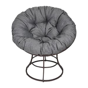 1-Piece Swiveling Papasan Brown PE Wicker Indoor and Outdoor Lounge Chair with Gray Cushion