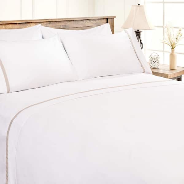 4-Piece Ribbon Embroidered Beige Microfiber Bedsheets Set Queen