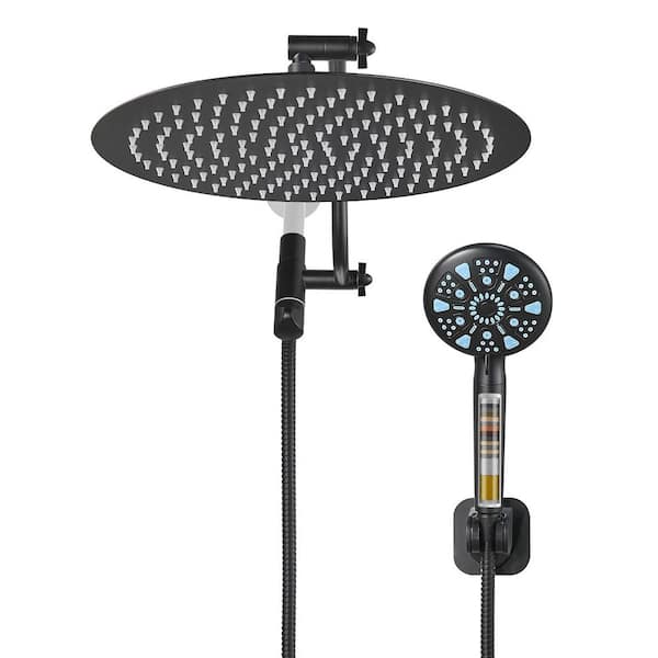 Rainfull 9-Spray 12 in. Wall Mount Round Dual Shower Head and Handheld Shower Head with filter 2.5 GPM in Matte Black