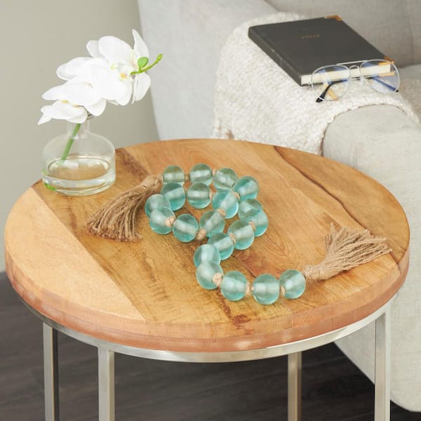 Litton Lane Light Blue Handmade Glass Round Beaded Garland with Tassel with Knotted Brown Jute