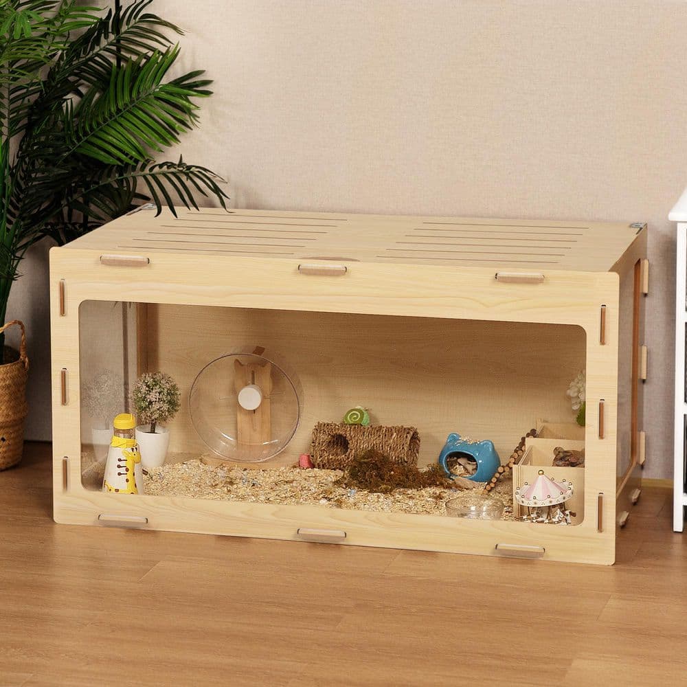 Natural Wood Large Hamster Cage with Acrylic Panels