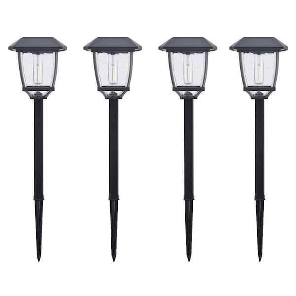 Hampton Bay Lincoln 14 Lumens Solar Black LED Path Light with Seedy Glass Lens and Vintage Bulb (4-Pack)