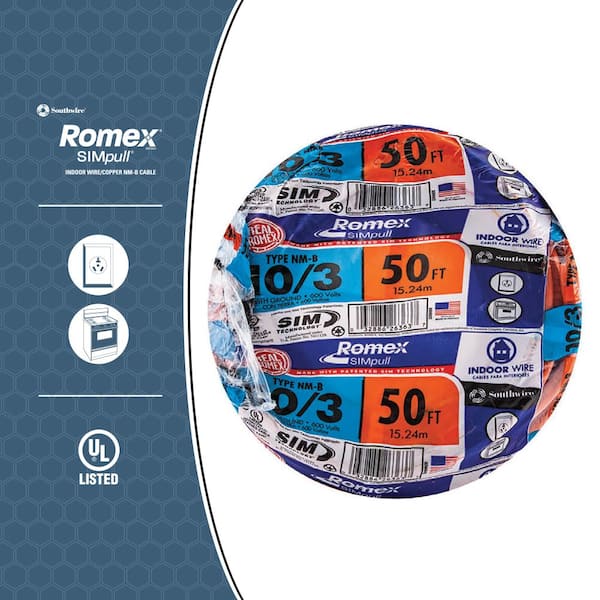 Wirenco 10/3 NM-B, Non-Mettalic, Sheathed Cable, Residential Indoor Wire, Equivalent to Romex (50ft Cut)