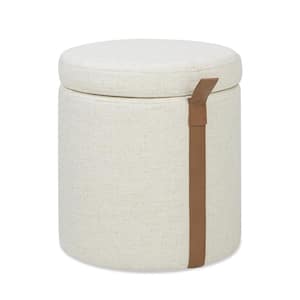 Brandy 14 in. Round Linen Upholstered Storage Ottoman with Leather Accent in Flax White