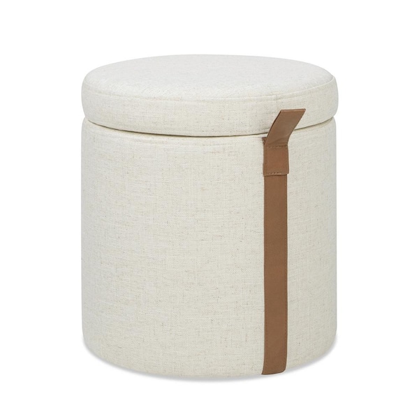 Brandy 14 in. Round Linen Upholstered Storage Ottoman with Leather Accent in Flax White