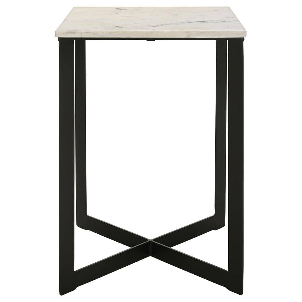 White Marble Top Square End Table with Black Metal Base