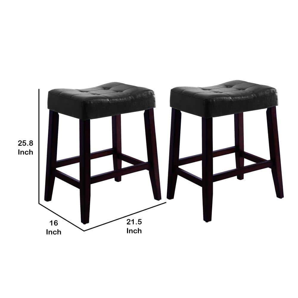 Black and Brown Button Tufted Saddle Seat Wooden Stools, Set of 2