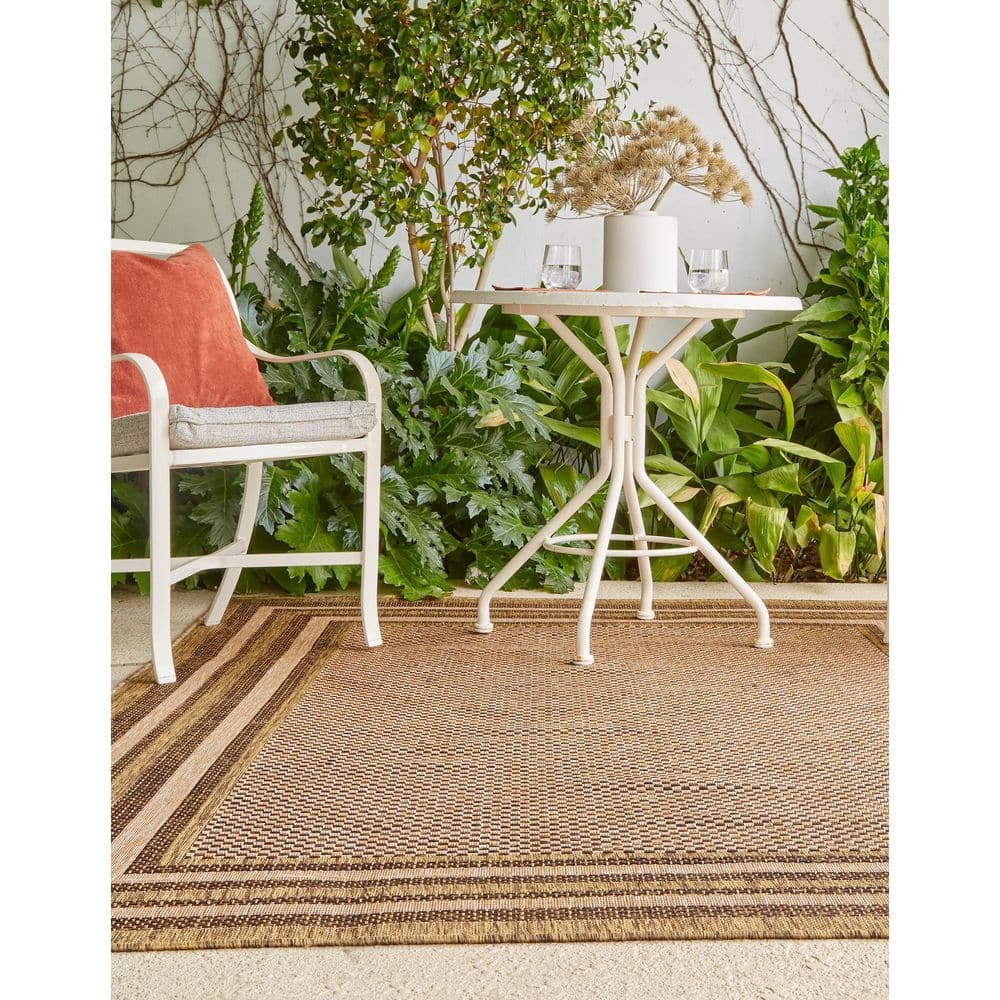 Multi-Border Brown Synthetic 4' x 6' Outdoor Area Rug