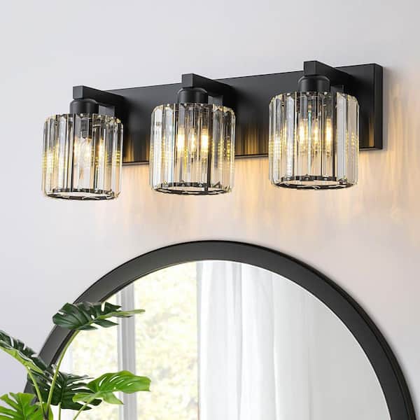 Orillia 20 in. 3-Light Vanity Light with Cylinder Crystal Shade Black Modern Wall Mount Sconce for Bathroom Powder Room