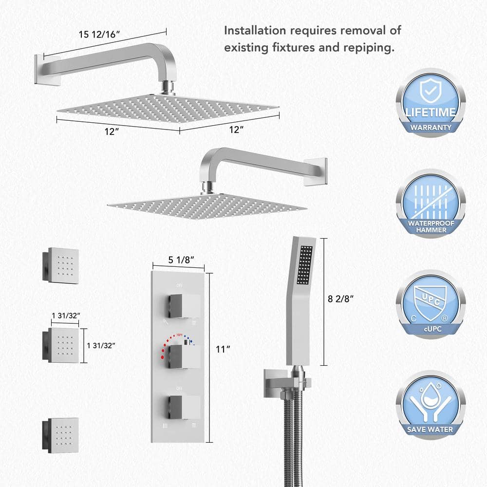 Brushed Nickel Dual 12" Rainfall Shower System with Handheld and Jets