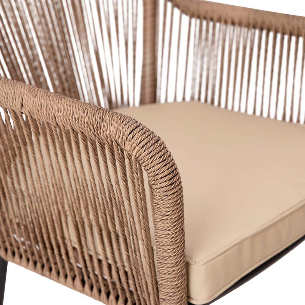 Natural Woven Metal Outdoor Dining Chairs with Cushions