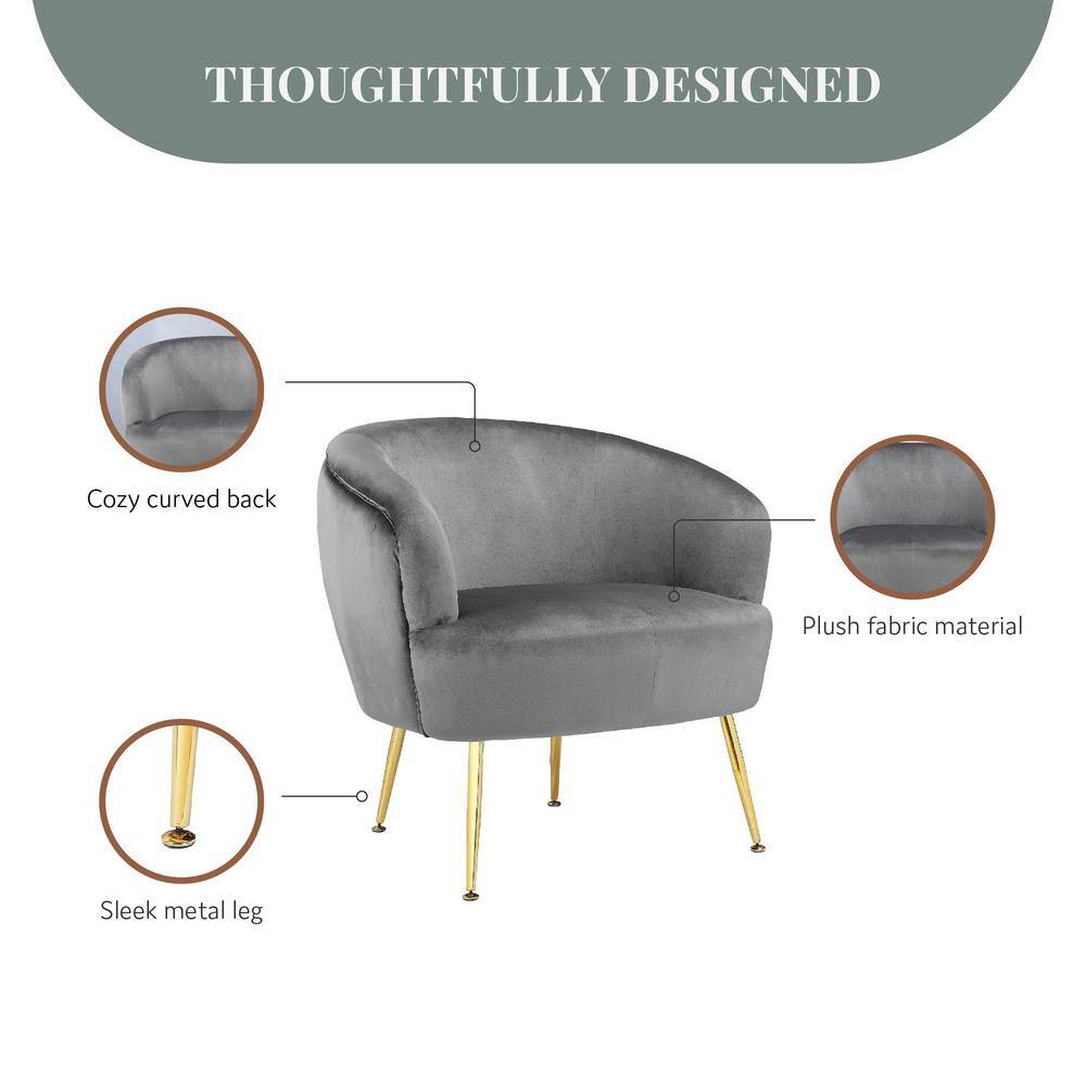 Gray Velvet Barrel Accent Chair with Gold Legs