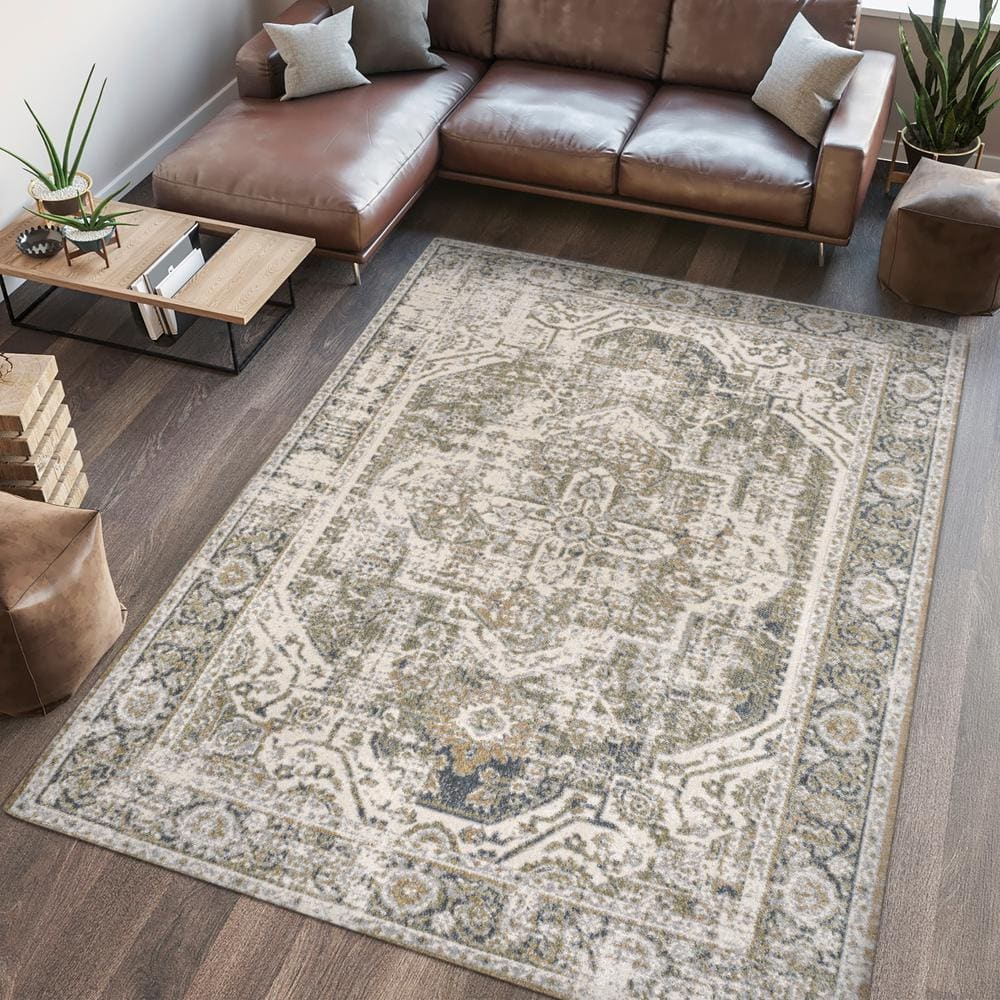 Green and Cream Medallion Machine-Washable Area Rug