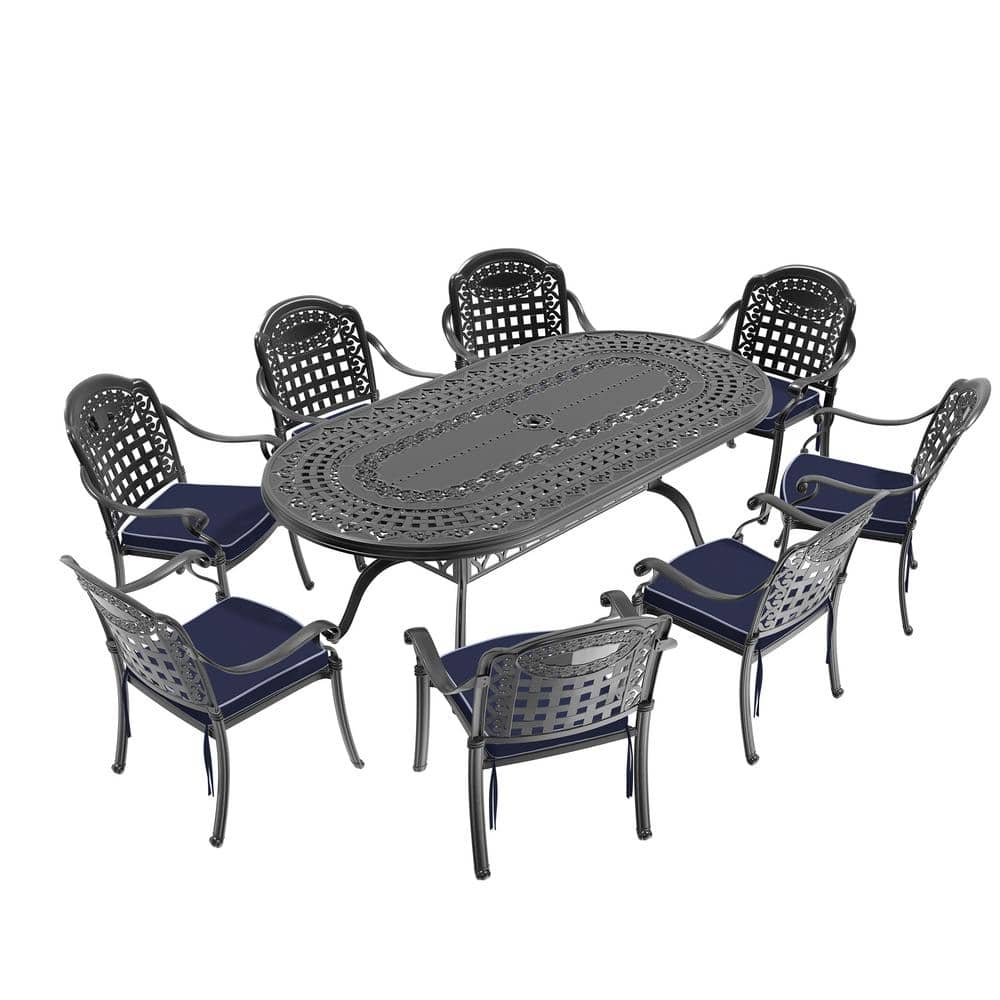Matte Black 9-Piece Cast Aluminum Outdoor Dining Set with Blue Cushions