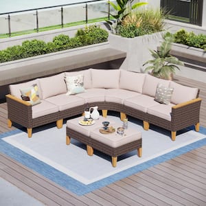 Brown Rattan Wicker 8 Seat 8-Piece Steel Outdoor Patio Conversation Set with Beige Cushions