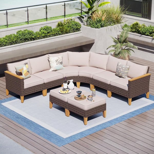 PHI VILLA Brown Rattan Wicker 8 Seat 8-Piece Steel Outdoor Patio Conversation Set with Beige Cushions