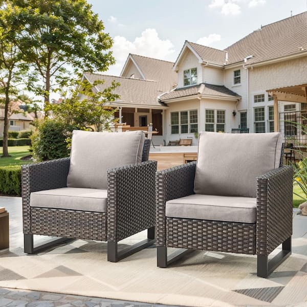 moosprr Porch Brown Wicker Outdoor Lounge Chair with Beige Cushions (2-Pack)