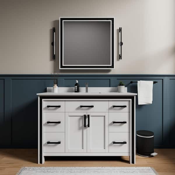 Lexora Ziva 48 in W x 22 in D White Bath Vanity, White Quartz Top, Faucet Set and 34 in Mirror