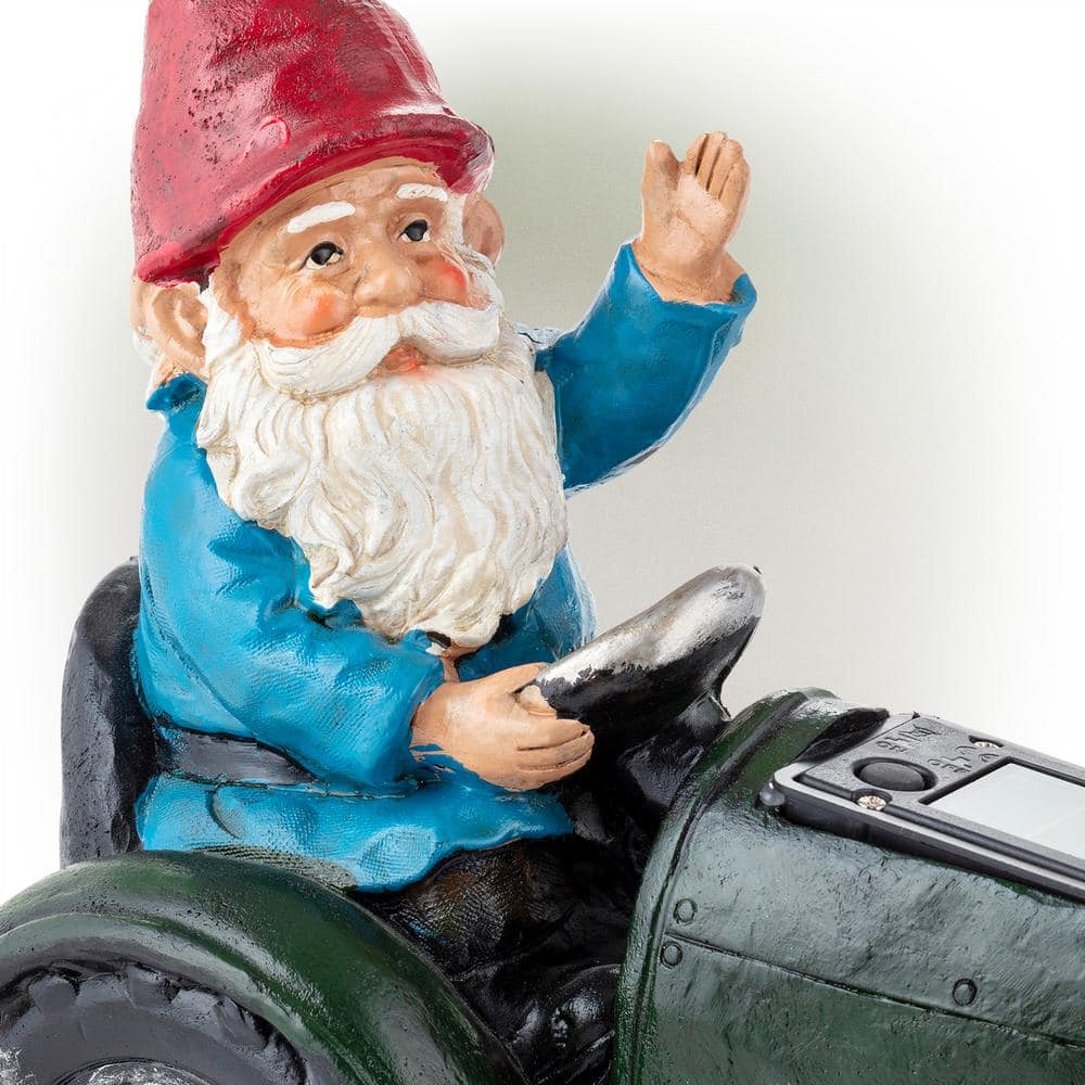 10" Green Polyresin Solar Gnome on Tractor with LED Lights