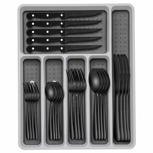 49-Piece Silverware Set with Organizer, Heavy Duty Stainless Steel Utensil Set of 8, Rust-Proof, Dishwasher Safe, Black