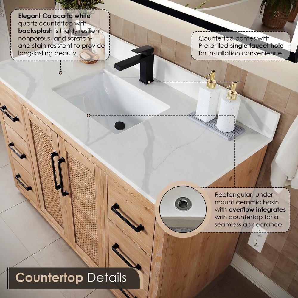 Light Brown Fir Wood Vanity with Calacatta Quartz Top, 48 Inch