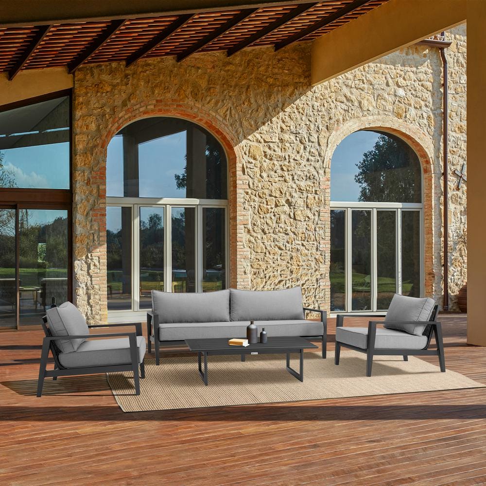 Grand 4-Piece Black Aluminum Outdoor Seating Set with Dark Gray Cushions