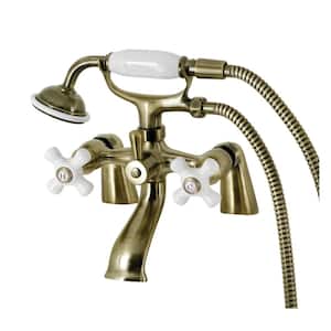Kingston 3-Handle Deck-Mount Clawfoot Tub Faucet with Hand Shower in Antique Brass