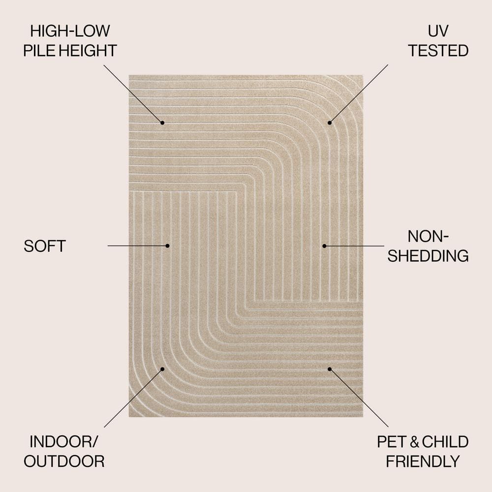 Beige and Cream 8' x 10' Striped Synthetic Area Rug