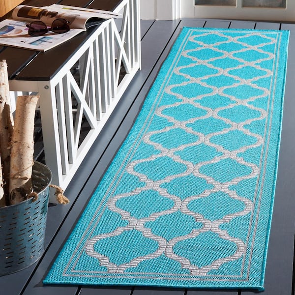 Bermuda Aqua/Gray 2 ft. x 8 ft. Runner Border Trellis Indoor/Outdoor Area Rug