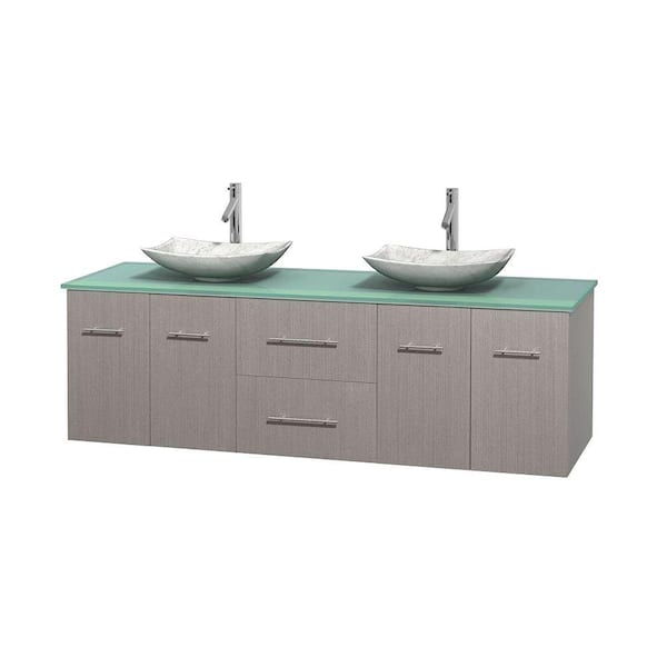 Wyndham Collection Centra 72 in. Double Vanity in Gray Oak with Glass Vanity Top in Green and Carrara Sinks