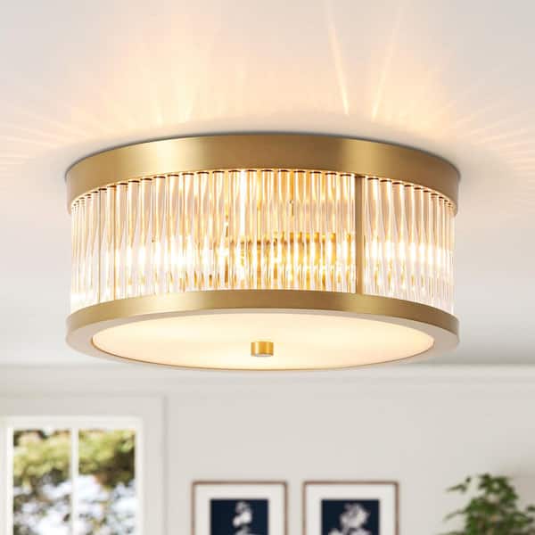 Nathan 12.2 in. 3-Light Modern Industrial Gold Round Flush Mount Ceiling Light w/Clear Glass Rods