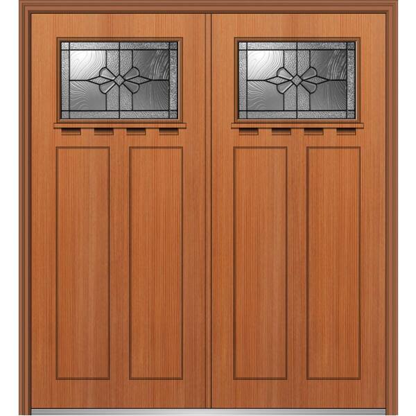 MMI Door 64 in. x 80 in. Dahlia Right-Hand Inswing 1/4-Lite Decorative Stained Fiberglass Fir Prehung Front Door with Shelf