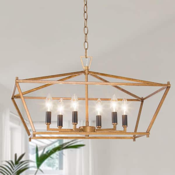 LNC Modern Chandelier 6-Light Vintage Gold Geometric Cage Chandelier with Black Candlestick for Kitchen, Living Room
