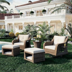 5-Piece Wicker Patio Conversation Swivel Rocking Chairs Set with 2-Ottomans, Cool Bar and Beige Cushion