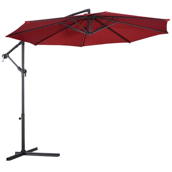 WELLFOR 10 ft. Steel Cantilever Tilt Patio Umbrella with Stand in Burgundy